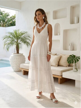IVY White Cotton Maxi Dress XXL Crochet Lace Tiered Boho Coastal Resort Summer
